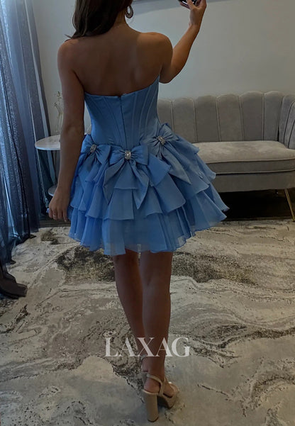 Scoop-Neck Off-Shoulder Sleeveless Pleated Satin Tiered A-Line Homecoming Dress with Bows