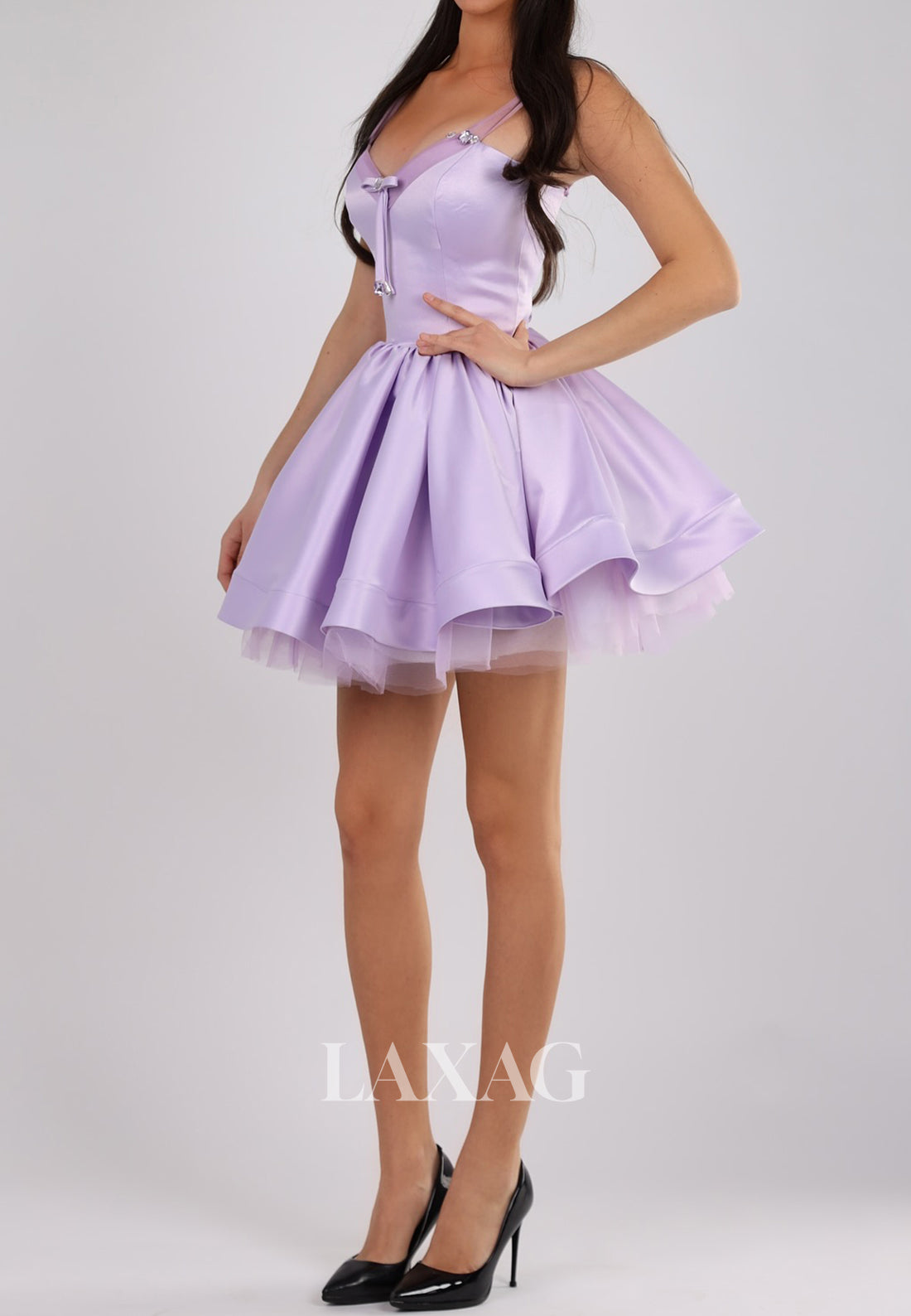 V-Neck Spaghetti Straps Sleeveless Rhinestone Pleated Satin A-Line Homecoming Dress