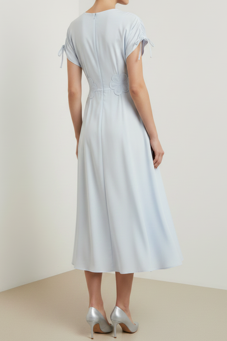 V-Neck Cap-Sleeves Tea-Length Chiffon Pleated A-Line Mother of the Bride Dress
