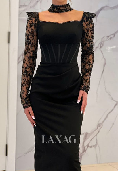 Sweetheart Long-Sleeves Mermaid Formal Gowns Sequined Applique Pleated Satin Evening Dress