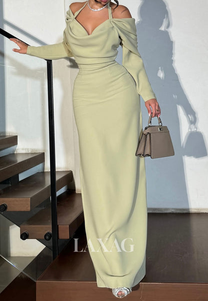 Halter-Neck Off-Shoulder Long-Sleeves Pleated Chiffon Floor-Length Mermaid Evening Dress