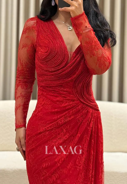 V-Neck Long-Sleeves Sheer Formal Gowns Pleated Lace Mermaid Evening Dress wirh Sweep Train