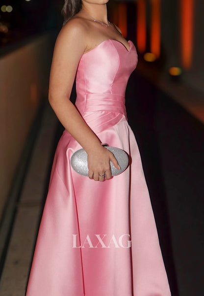 Off-Shoulder Sweetheart Sleeveless Floor-Length Satin Pleated Simple A-Line Party Prom Dress