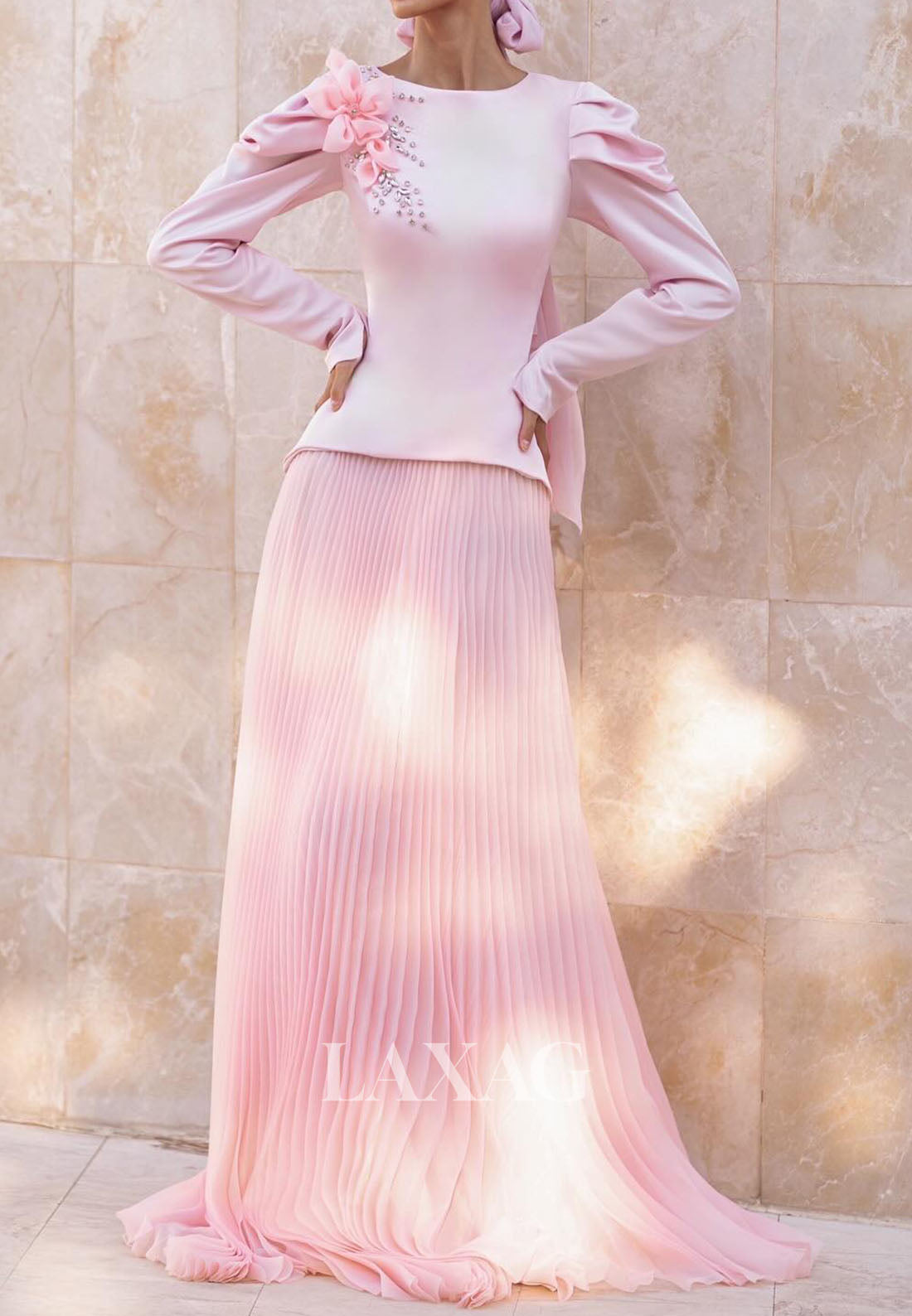 Scoop-Neck Long-Sleeves Mermaid Evening Dress Floral Embellished Rhinestone Chiffon Formal Gowns