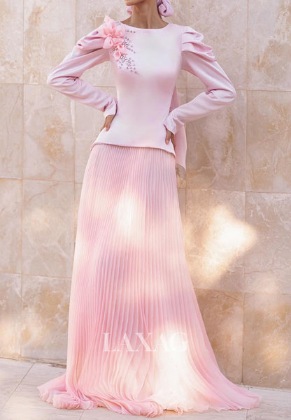 Scoop-Neck Long-Sleeves Mermaid Evening Dress Floral Embellished Rhinestone Chiffon Formal Gowns