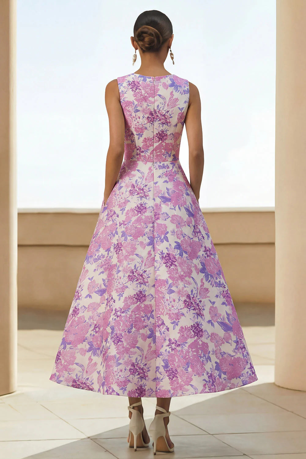 Scoop-Neck Sleeveless Ankle-Length Jacquard Satin Pleated Mother of the Bride Dress