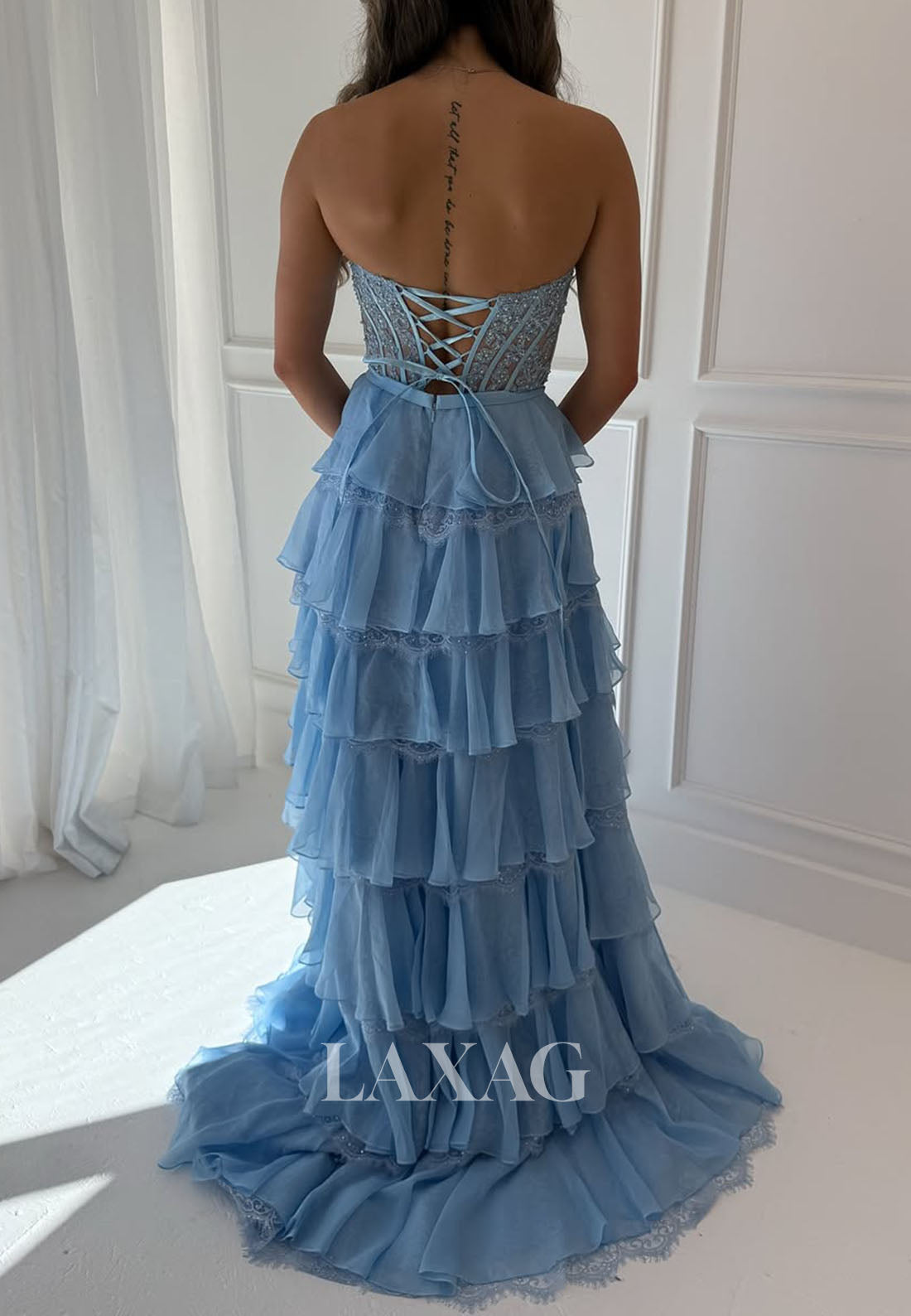 V-Neck Sleeveless Chiffon&Lace Pleated A-Line Prom Dress Off-Shoulder Beaded Tiered Party Gowns