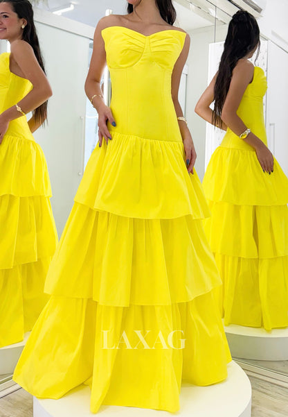 V-Neck Off-Shoulder Rhinestone Satin Pleated Floor-Length Tiered A-Line Prom Dress