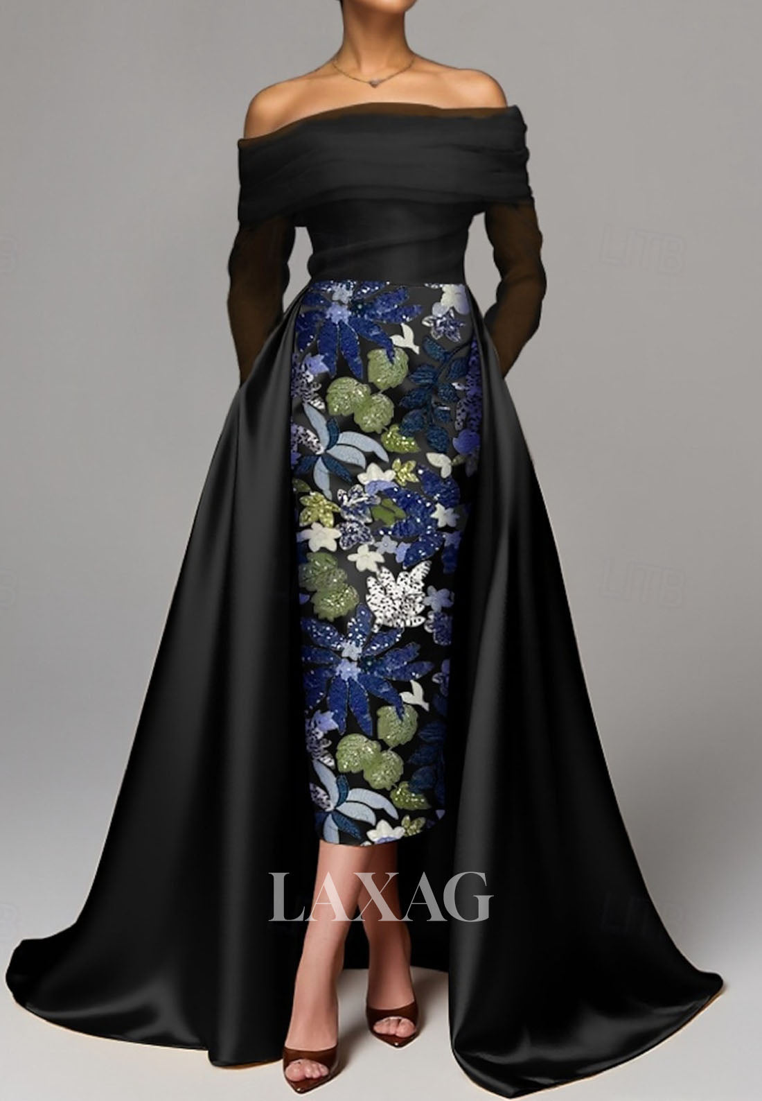 Bateau-Neck Off-Shoulder Long-Sleeves Sequined Applique Ankle-Length Mermaid Evening Dress