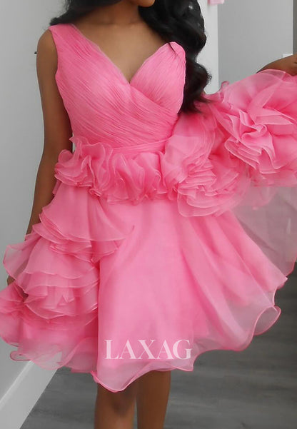 V-Neck Straps Sleeveless Pleated Chiffon Tiered Short A-Line Party Homecoming Dress