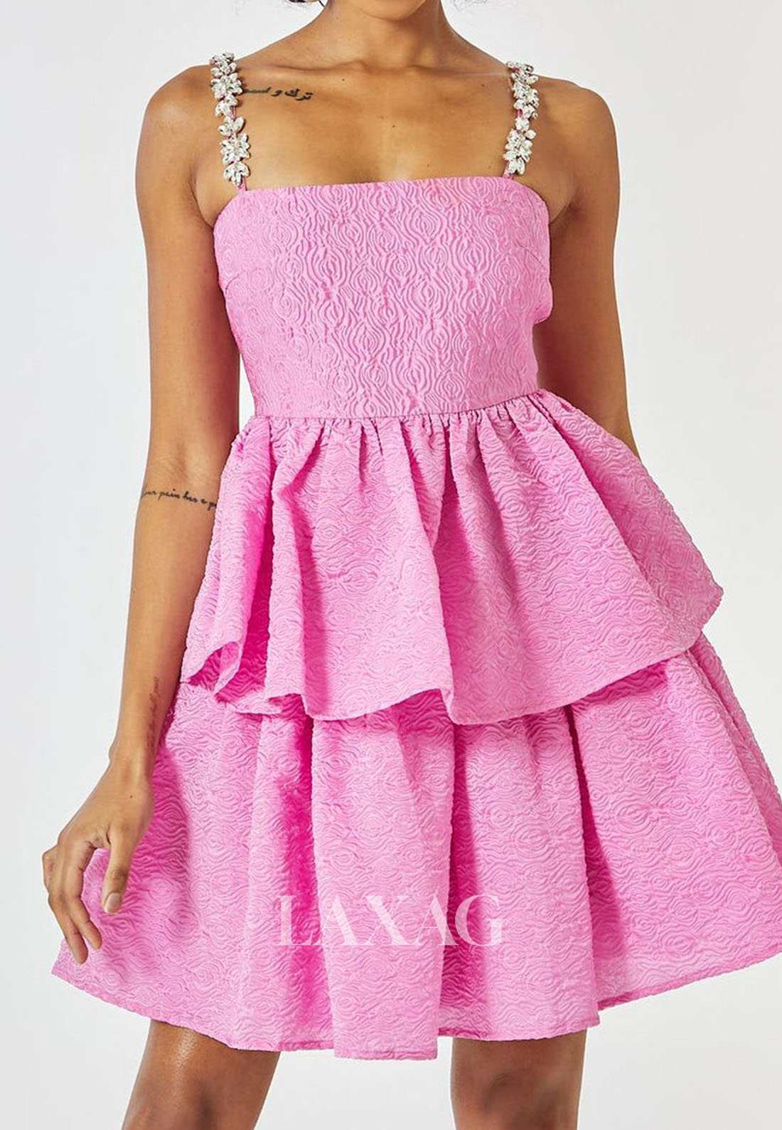 Tube Top Rhinestone Spaghetti Straps Sleeveless Pleated Chiffon Tiered A-Line Homecoming Dress