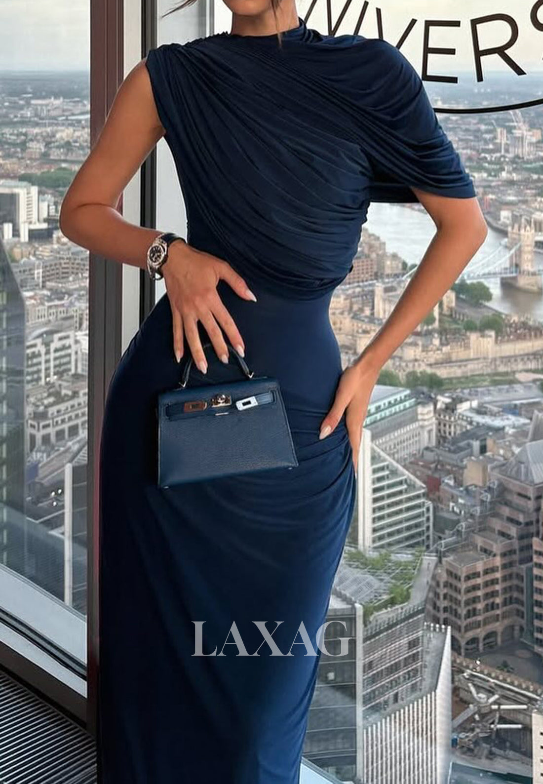 High-Neck Sleeveless Floor-Length Formal Gowns  Simple Pleated Satin Mermaid Evening Dress