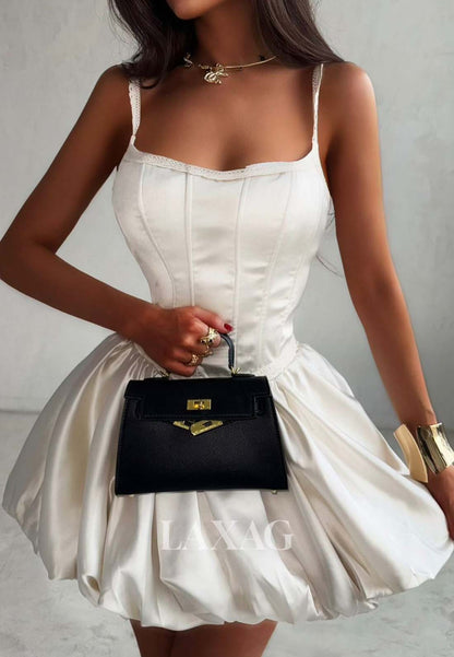 Scoop-Neck Spaghetti Straps Sleeveless Pleated Satin A-Line Party Homecoming Dress