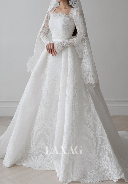 Bateau-Neck Long-Sleeves Allover Lace Applique Pleated Sheer A-Line Wedding Dress with Train
