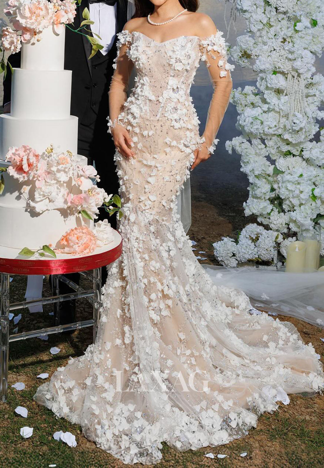 Sweetheart Long-Sleeves Bride Gowns Beaded Sequined Floral Embellished Mermaid Wedding Dress