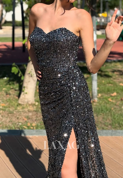 Off-Shoulder Sweetheart Sleeveless Mermaid Prom Dress Fully Sequined High Slit Party Gowns