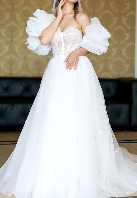 A-Line Sweetheart Pleated Tulle Wedding Dress Short-Puff-Sleeves Sequined Beaded Bride Gowns