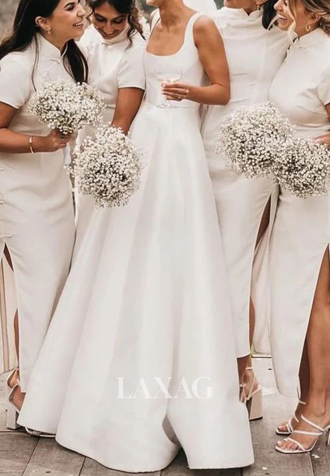 Square-Neck Off-Shoulder Pleated Satin Bride Gowns Straps Sleeveless Floor-Length A-Line Wedding Dress