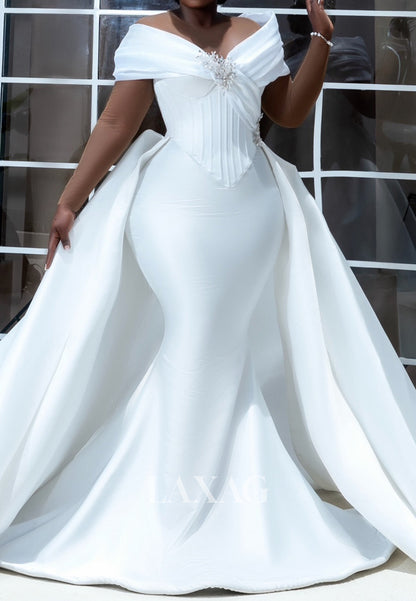 V-Neck Cap-Sleeves Beaded Satin Pleated Trumpet Mermaid Wedding Dress with Train