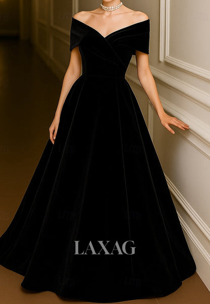Off-Shoulder V-Neck Sleeveless Velvet Pleated Floor-Length Simple A-Line Evening Dress