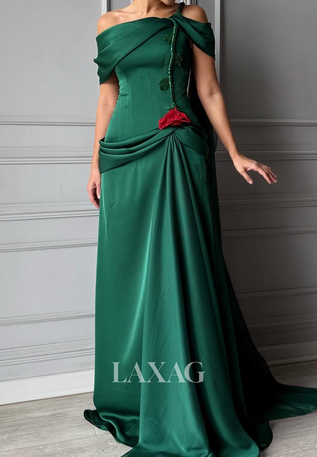 Bateau-Neck Sleeveless Sequined 3D-Floral Satin Pleated Floor-Length Mermaid Evening Dress
