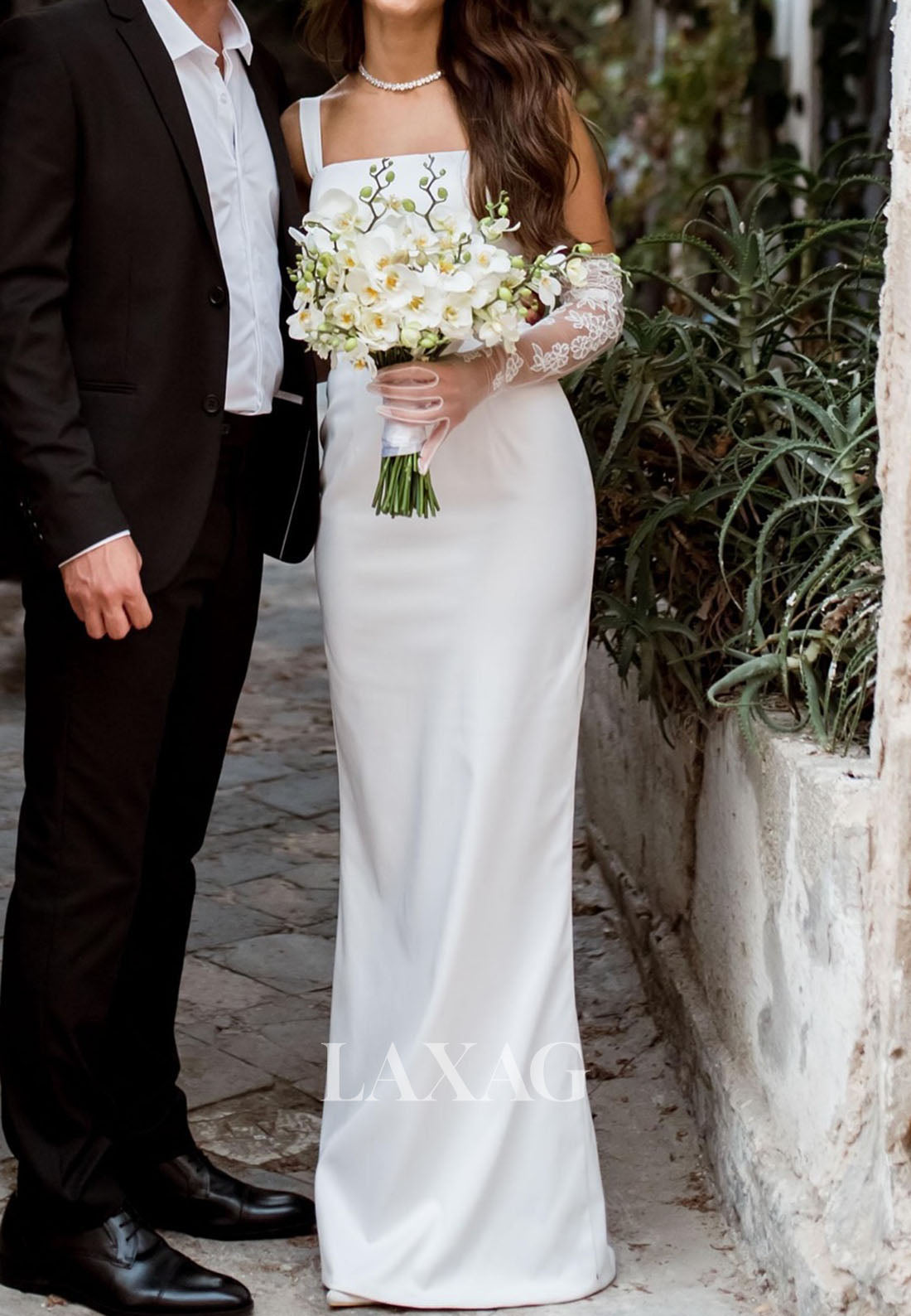 Tube Top Spaghetti Straps Bride Gowns Floor-Length Satin Mermaid Wedding Dress with Gloves