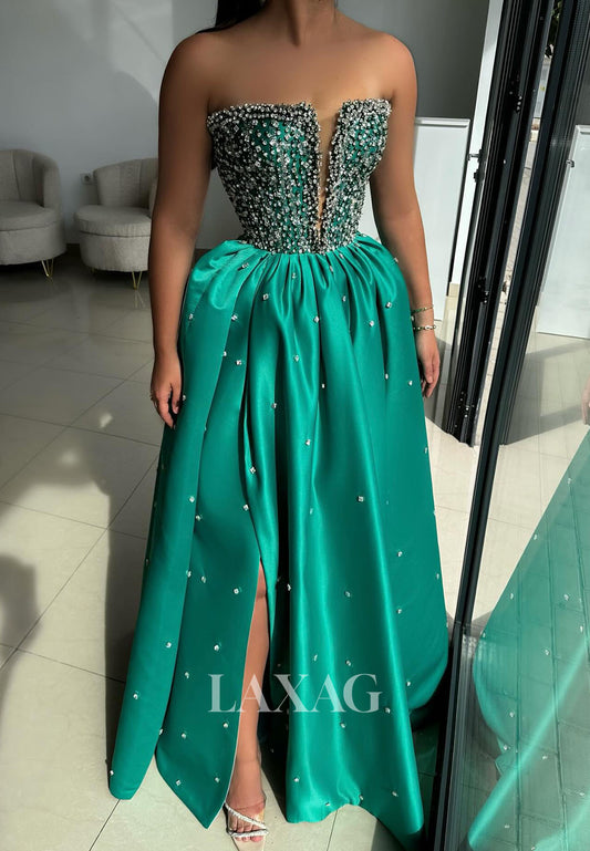 Tube Top Plunging Illusion Sleeveless A-Line Evening Dress Rhinestone Beaded Pleated Satin Formal Gowns