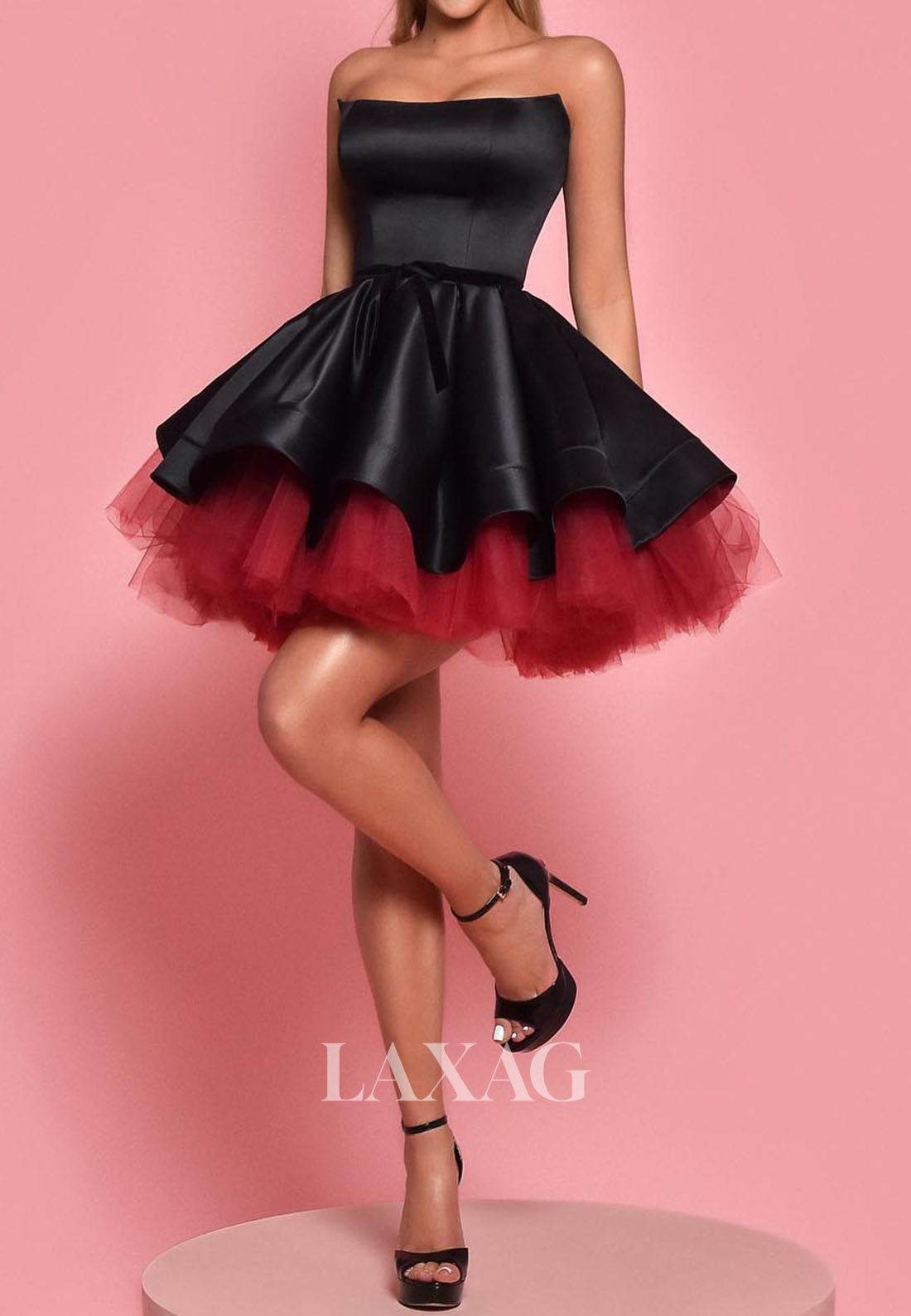 Tube Top Off-Shoulder Sleeveless Pleated Satin&Tulle Two Tone A-Line Homecoming Dress