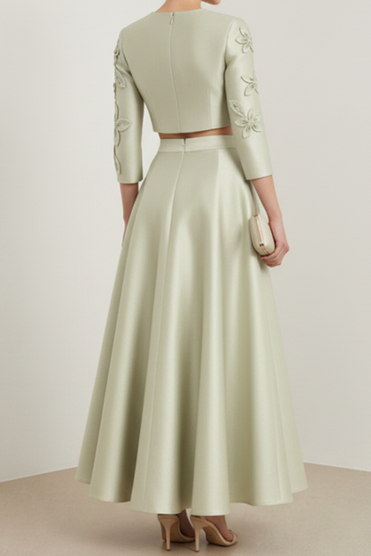 Scoop-Neck 3/4-Sleeves Applique Satin Ankle-Length Two Piece A-Line Mother of the Bride Dress