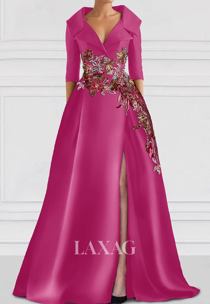 A-Line V-Neck Collared 3/4-Sleeves Evening Dress Sequined Floral Embellished Satin Formal Gowns