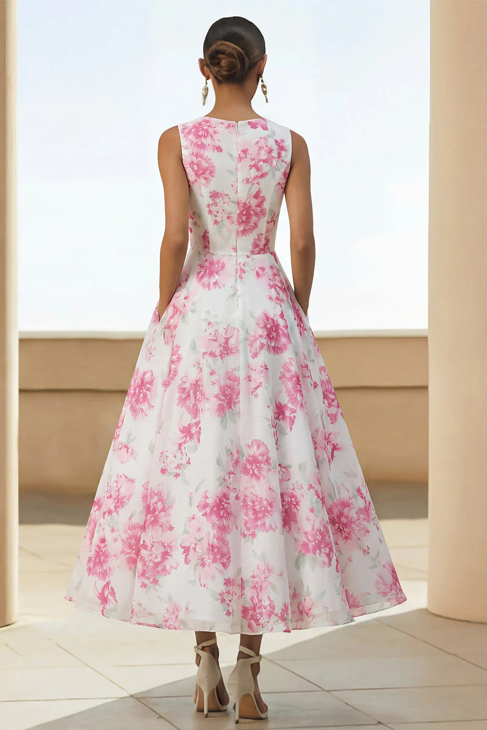 Scoop-Neck Sleeveless Ankle-Length Jacquard Satin Pleated Mother of the Bride Dress