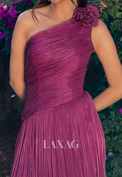 Asymmetrical-Neck Sleeveless 3D-Floral Chiffon Pleated Floor-Length Mermaid Evening Dress