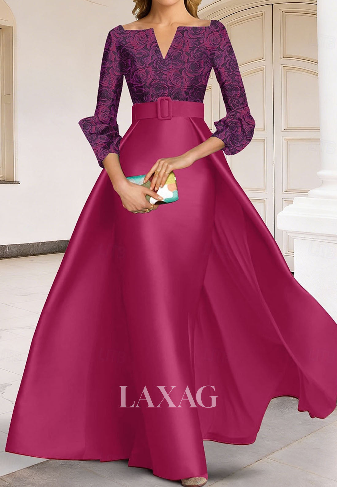 V-Neck Long-Sleeves Pleated Satin Formal Gowns Floor-Length Jacquard Mermaid Evening Dress