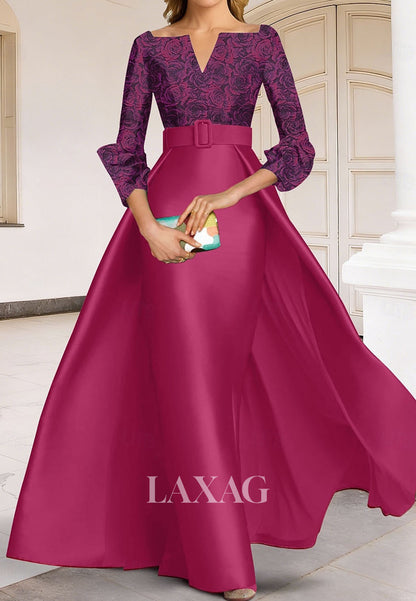 V-Neck Long-Sleeves Pleated Satin Formal Gowns Floor-Length Jacquard Mermaid Evening Dress