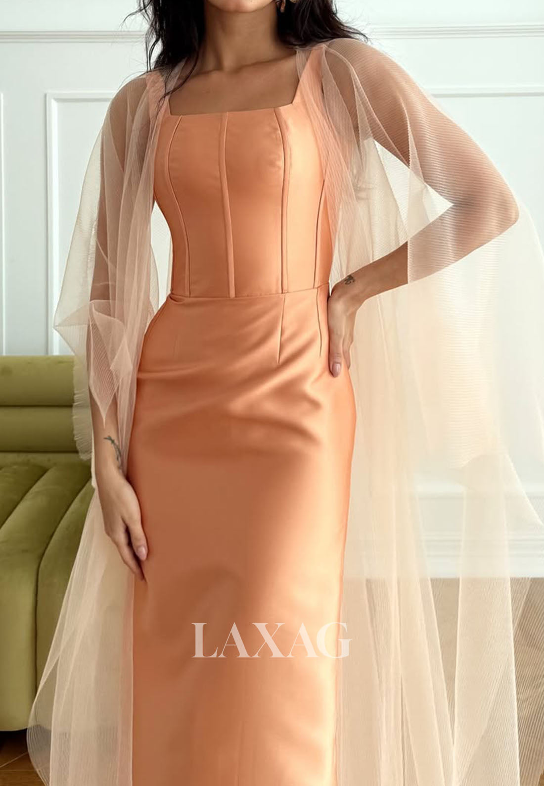 Sleeveless Square-Neck Satin Formal Gowns Ankle-Length Mermaid Evening Dress with Tulle Overlay