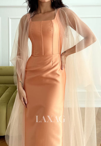 Sleeveless Square-Neck Satin Formal Gowns Ankle-Length Mermaid Evening Dress with Tulle Overlay