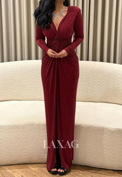 Long-Sleeves Deep V-Neck Mermaid Evening Dress Fully Beaded Pleated Satin Formal Gowns