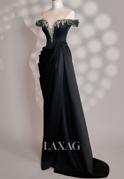 Sweetheart V-Neck Sleeveless Pleated Satin Formal Gowns Rhinestone Beaded Mermaid Evening Dress