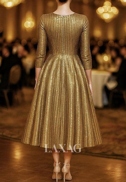 Scoop-Neck 3/4-Sleeves Fully Sequined Pleated Tea-Length A-Line Evening Dress