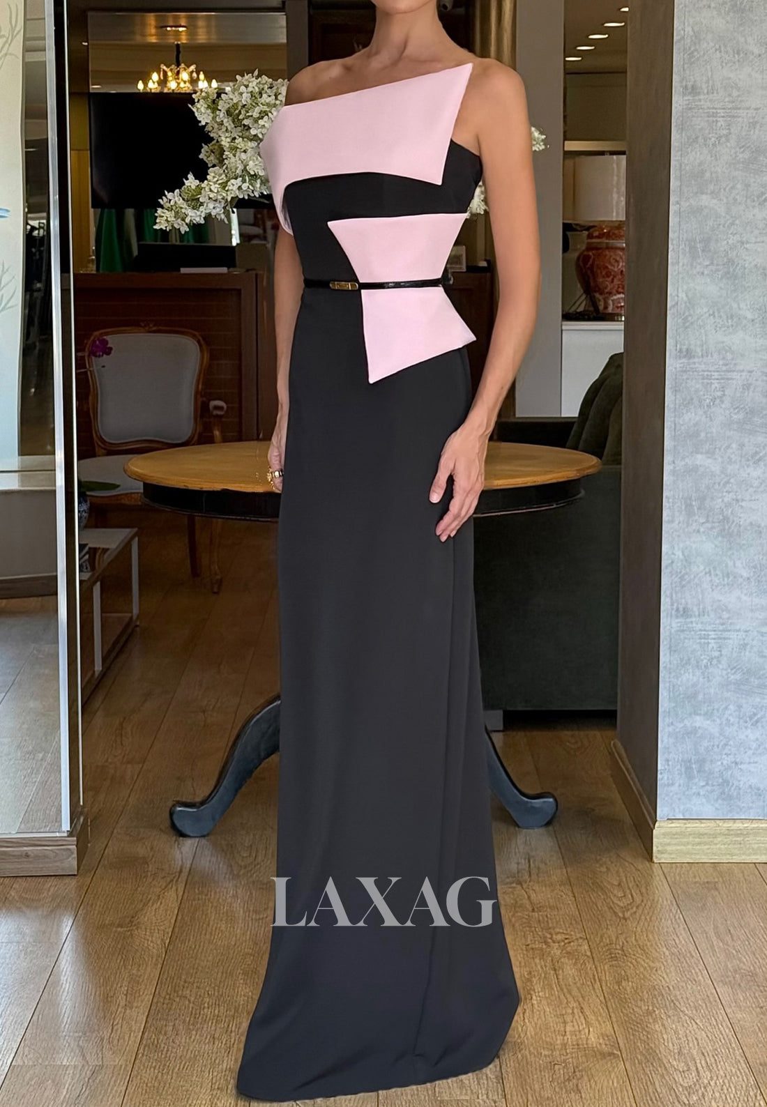 Asymmetrical-Neck Off-Shoulder Sleeveless Two Tone Satin Floor-Length Mermaid Evening Dress