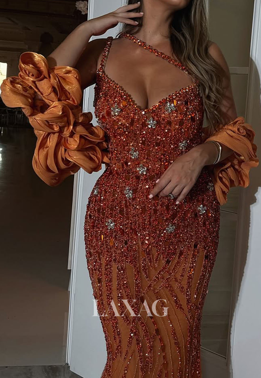 V-Neck Spaghetti Straps Mermaid Prom Dress Fully Sequined Beaded Rhinestone Party Gowns