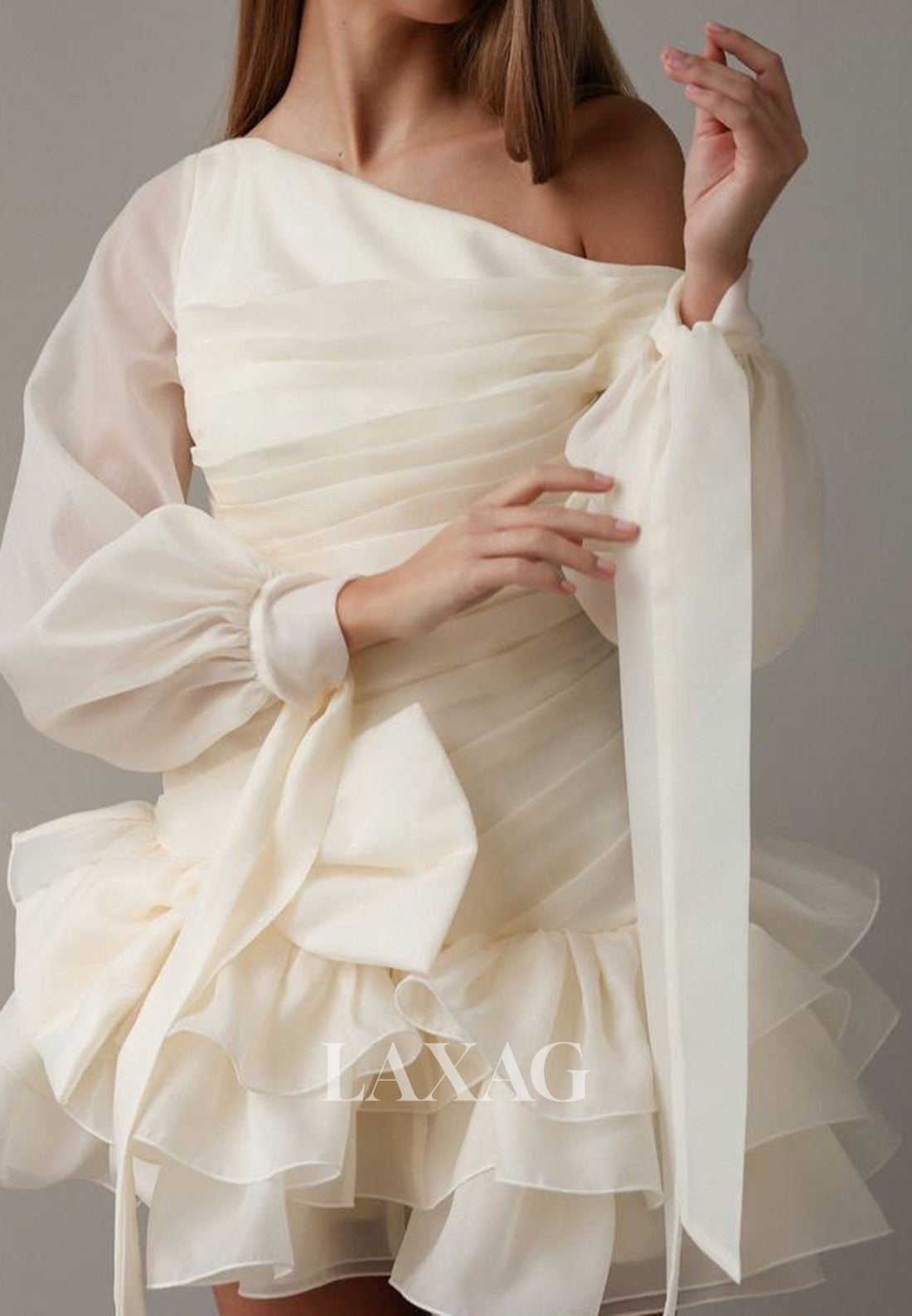 Asymmetrical-Neck Long-Sleeves Chiffon Pleated Ruffled Tiered Short Beach A-Line Wedding Dress