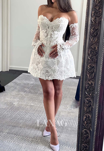 Sweetheart Long-Sleeves A-Line Wedding Dress Allover Lace Applique Beach Bride Gowns