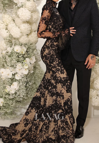 High-Neck Long-Sleeves Mermaid Evening Dress Allover Lace Applique Floor-Length Formal Gowns
