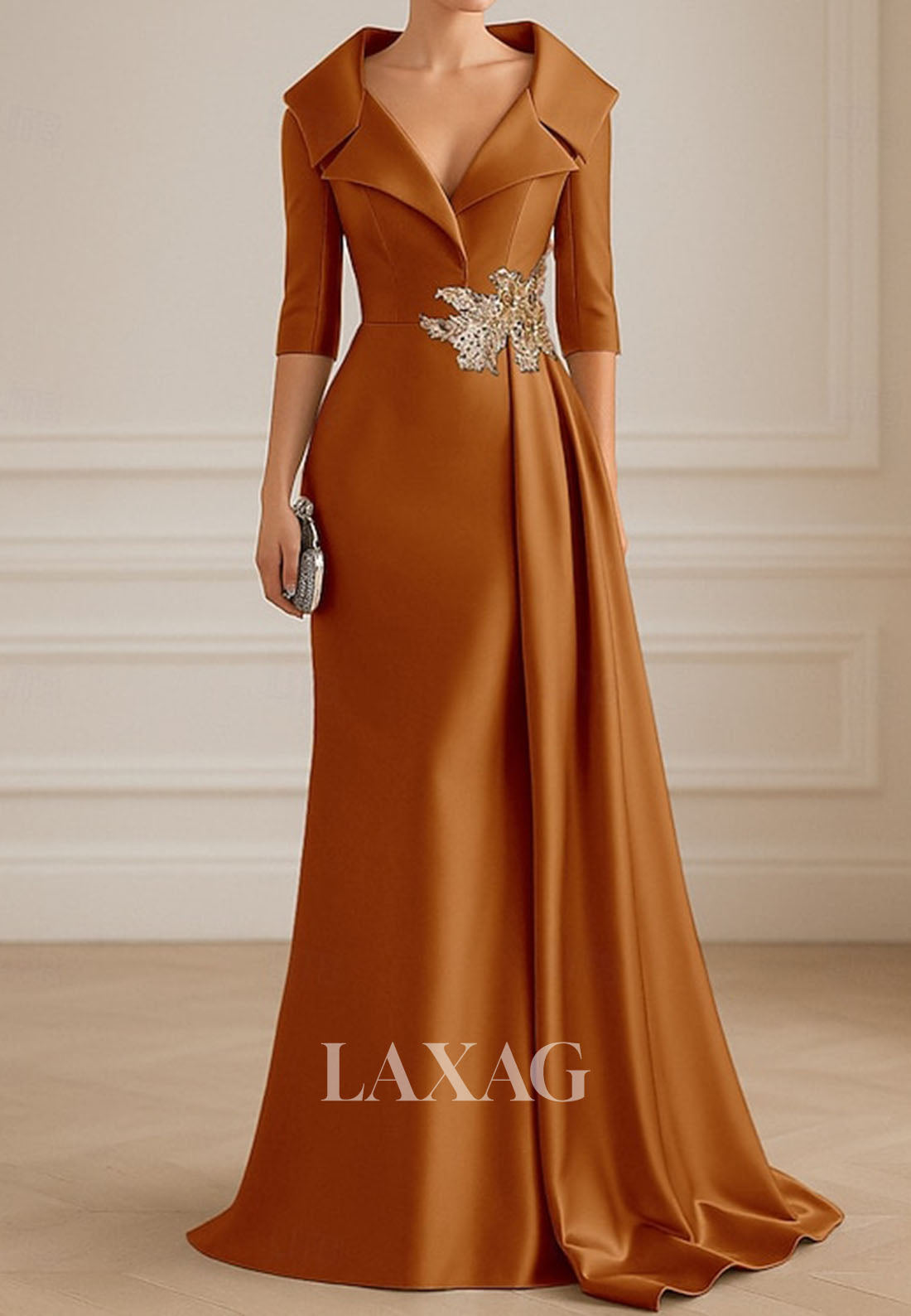 V-Neck Collared 3/4-Sleeves Formal Gowns Floor-Length Sequined Applique Satin Fitted Evening Dress