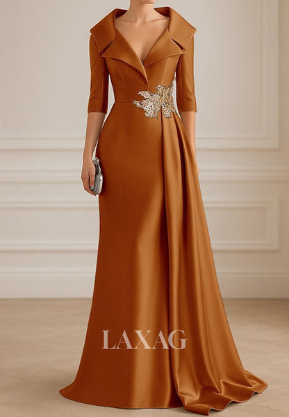 V-Neck Collared 3/4-Sleeves Formal Gowns Floor-Length Sequined Applique Satin Fitted Evening Dress