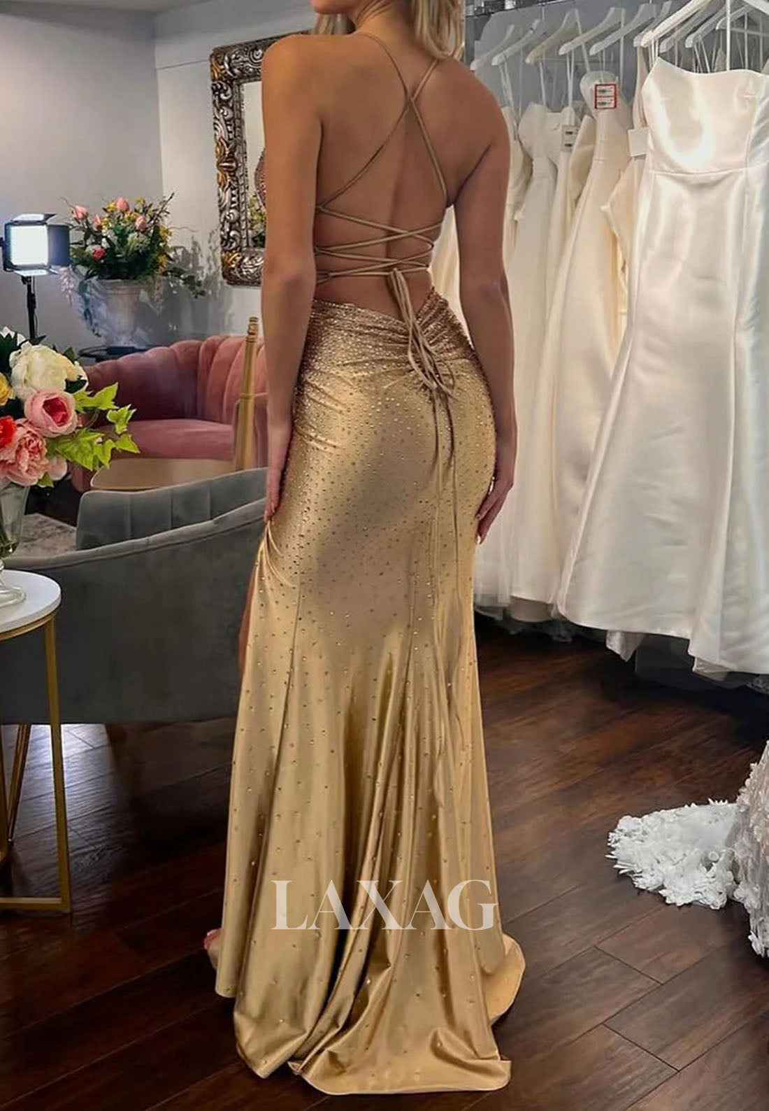 V-Neck Spaghetti Straps Sleeveless Fully Beaded Satin Floor-Length High Slit Mermaid Prom Dress