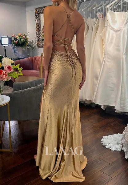 V-Neck Spaghetti Straps Sleeveless Fully Beaded Satin Floor-Length High Slit Mermaid Prom Dress