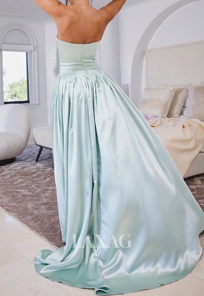 Off-Shoulder Sleeveless Satin Pleated A-Line Prom Dress Off-Shoulder Sweep Train Party Gowns