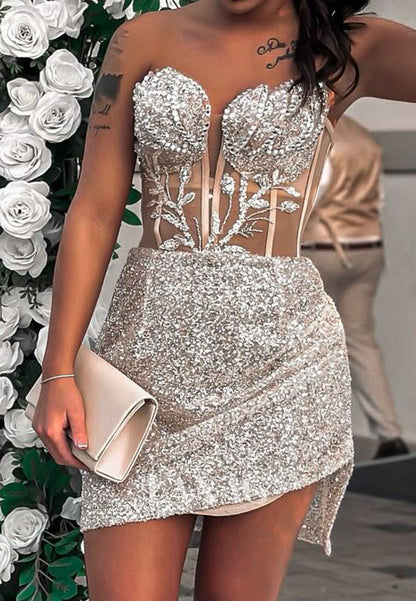 Off-Shoulder Sweetheart Sleeveless Pleated Fully Sequined Applique Mermaid Homecoming Dress